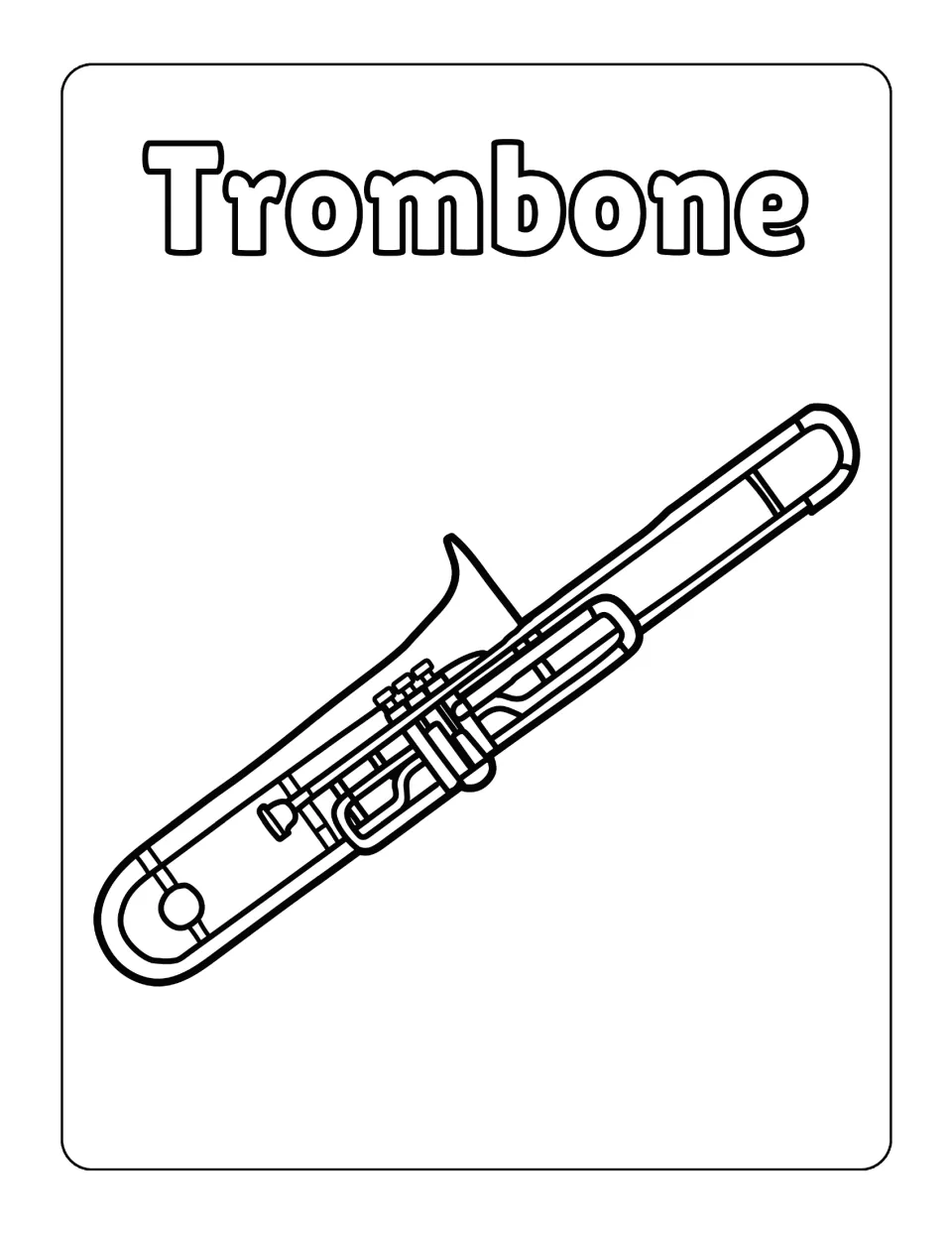 Trombone coloring sheet in the instrument pack, featuring the instrument's long slide and flared bell