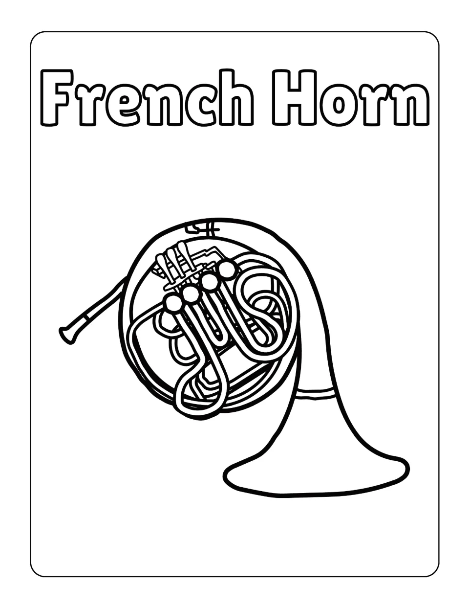 French horn coloring sheet in the instrument pack, featuring coiled tubing and a wide bell below its name
