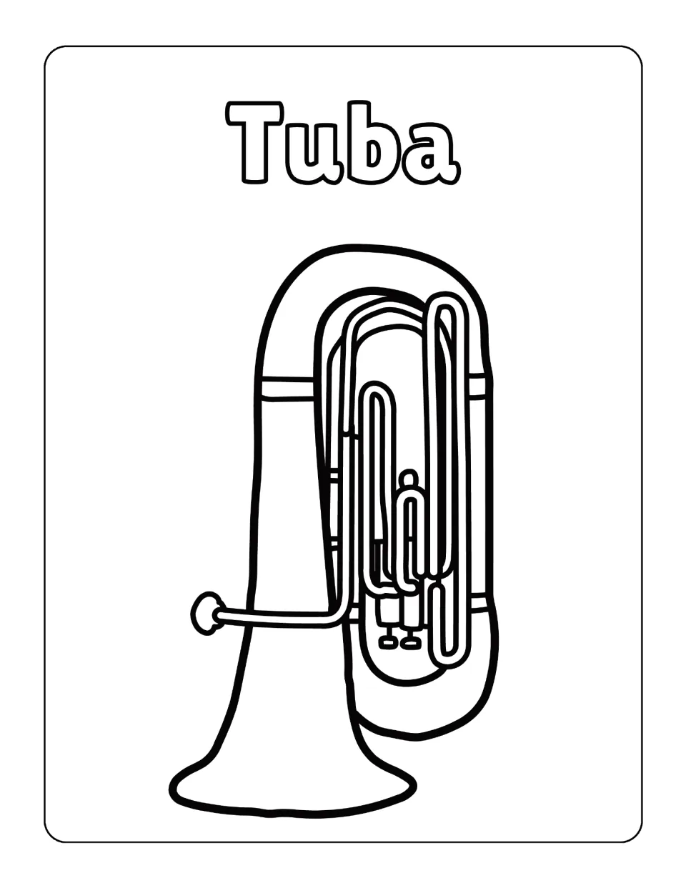 Tuba coloring sheet in the instrument pack, featuring looping tubes, a mouthpiece, and a broad flared bell