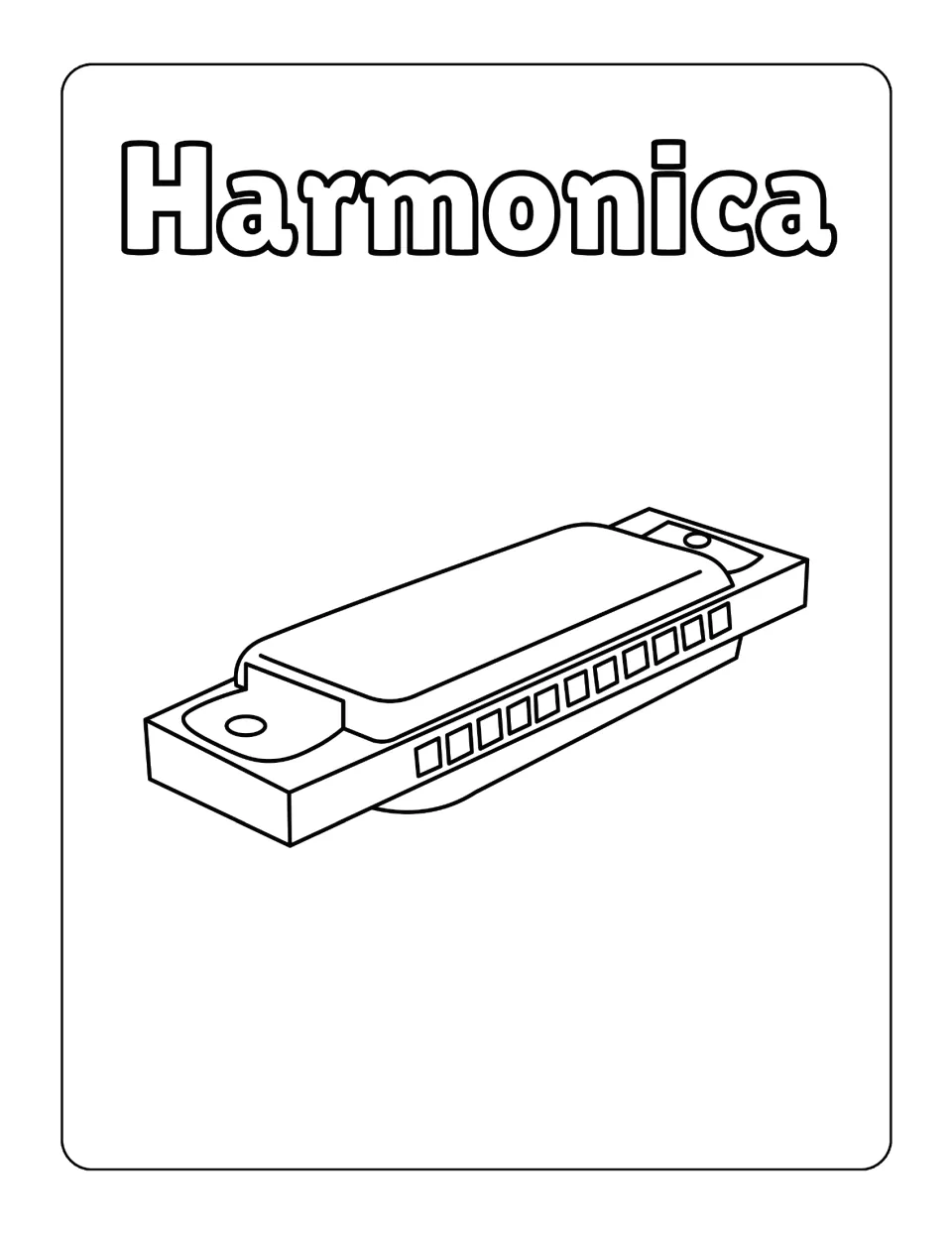 Harmonica coloring sheet in the instrument pack, featuring a rectangular instrument with a row of openings