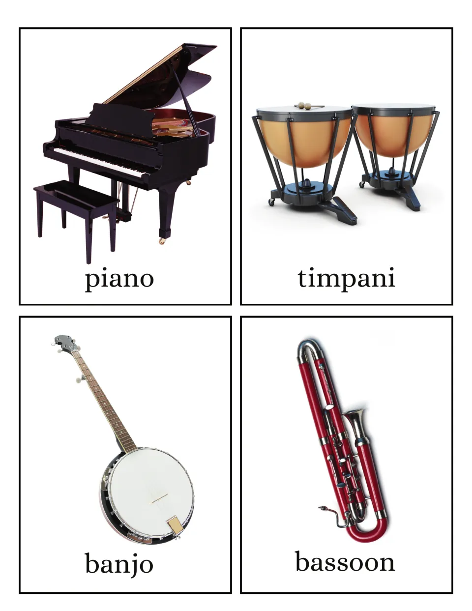 Musical instrument flashcards featuring labeled photos of piano, timpani, banjo, and bassoon, four per sheet
