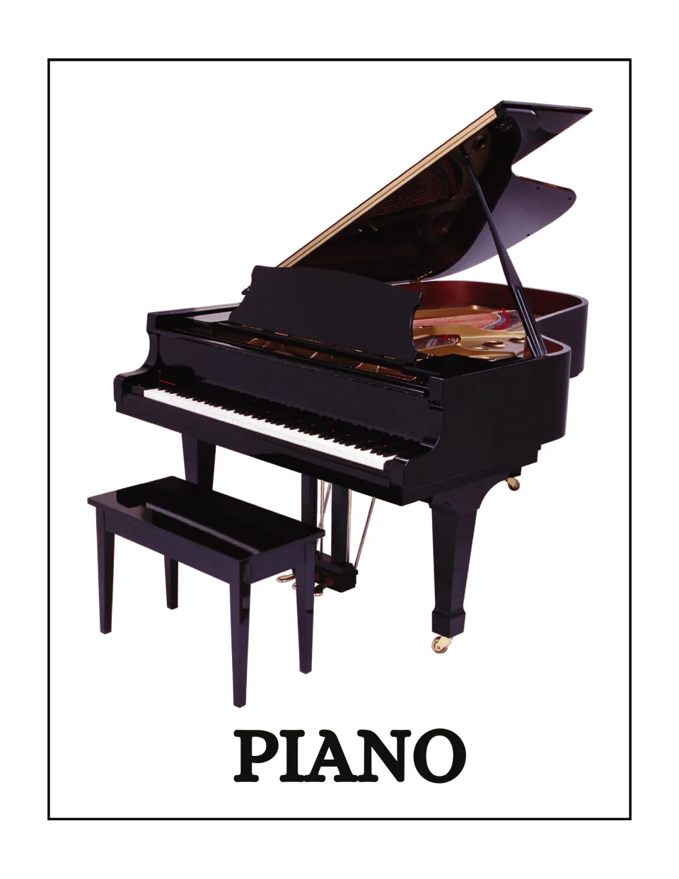 Piano poster in the musical instrument set, featuring a grand piano and bench photo with the label PIANO