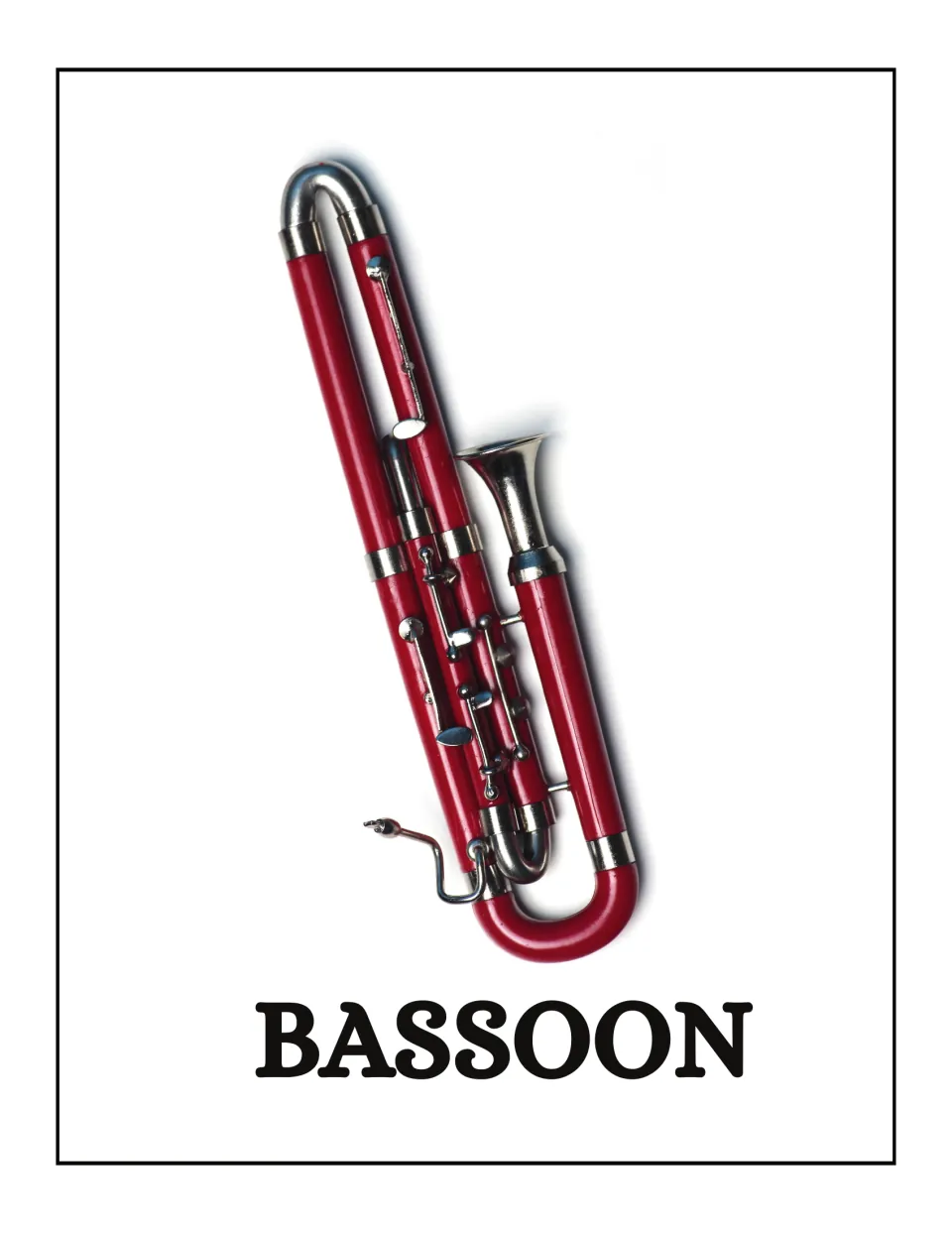 Bassoon poster in the musical instrument set, featuring a red instrument photo with the uppercase label BASSOON