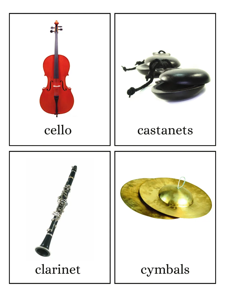 Musical instrument flashcards featuring labeled photos of cello, castanets, clarinet, and cymbals, four per sheet