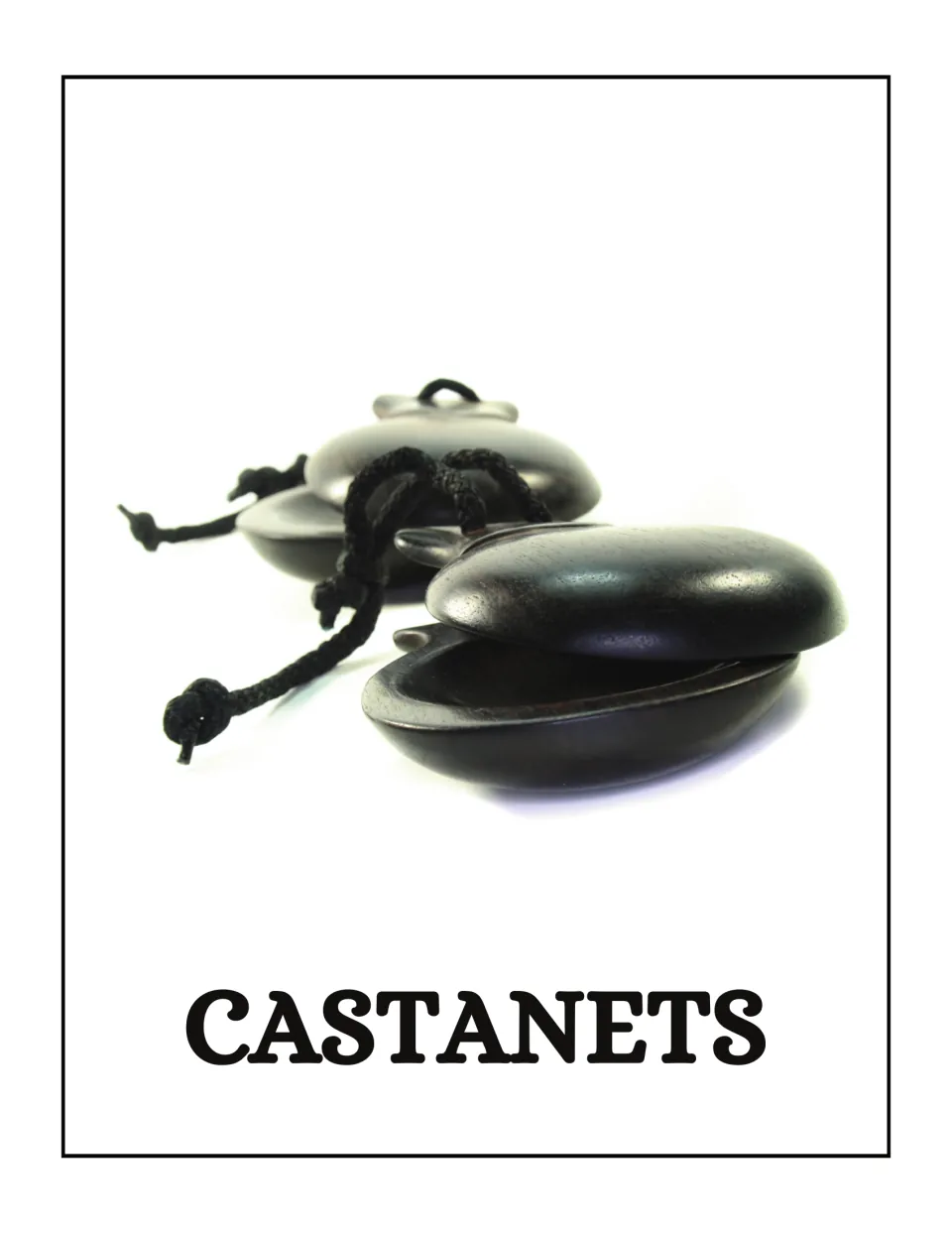 Castanets poster in the musical instrument set, featuring a photo of castanets with cords and the label CASTANETS
