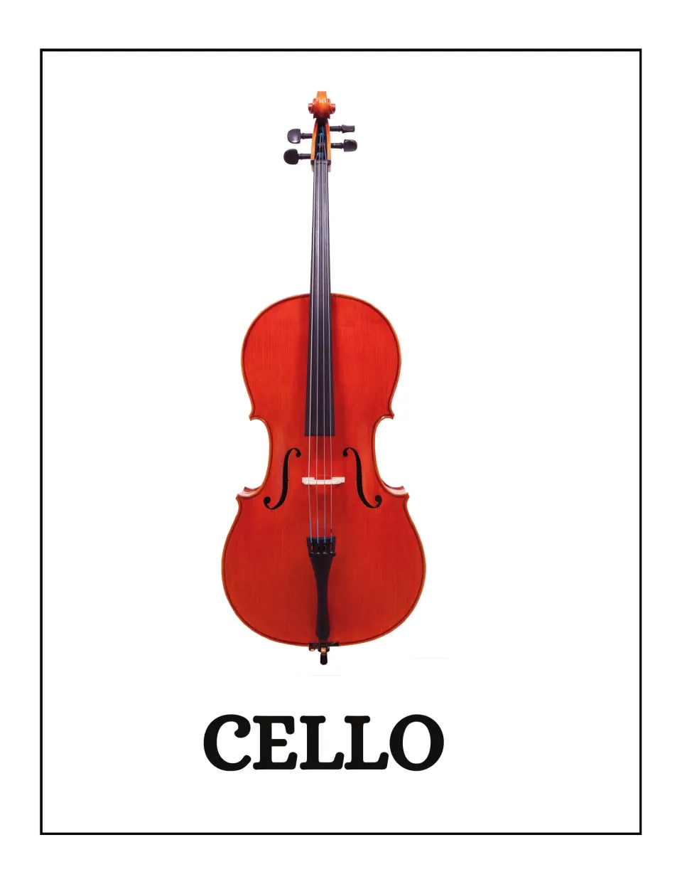 Cello poster in the musical instrument set, featuring a front-view photo of a cello and the label CELLO