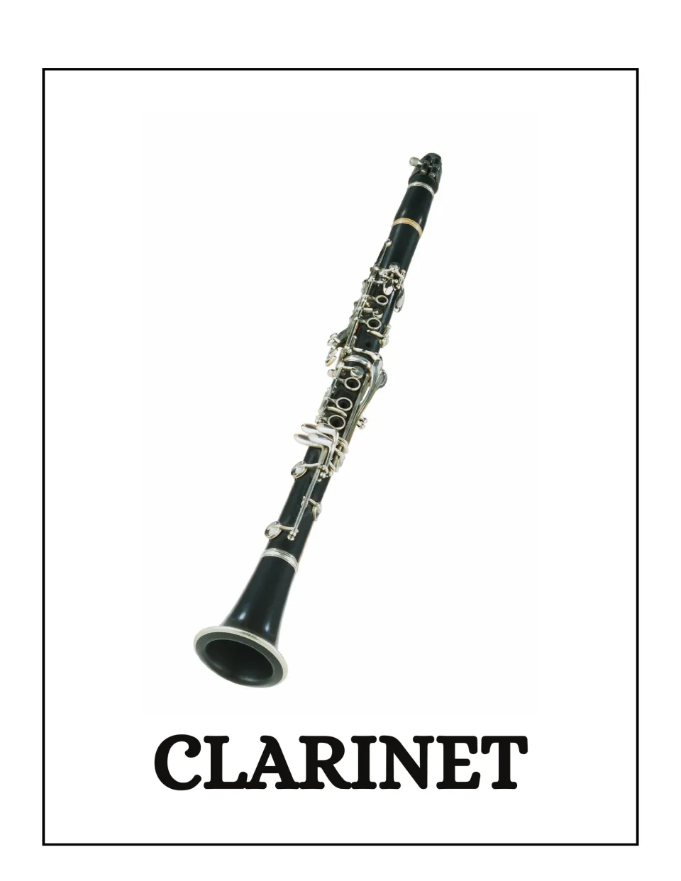 Clarinet poster in the musical instrument set, featuring a black clarinet photo and the uppercase label CLARINET