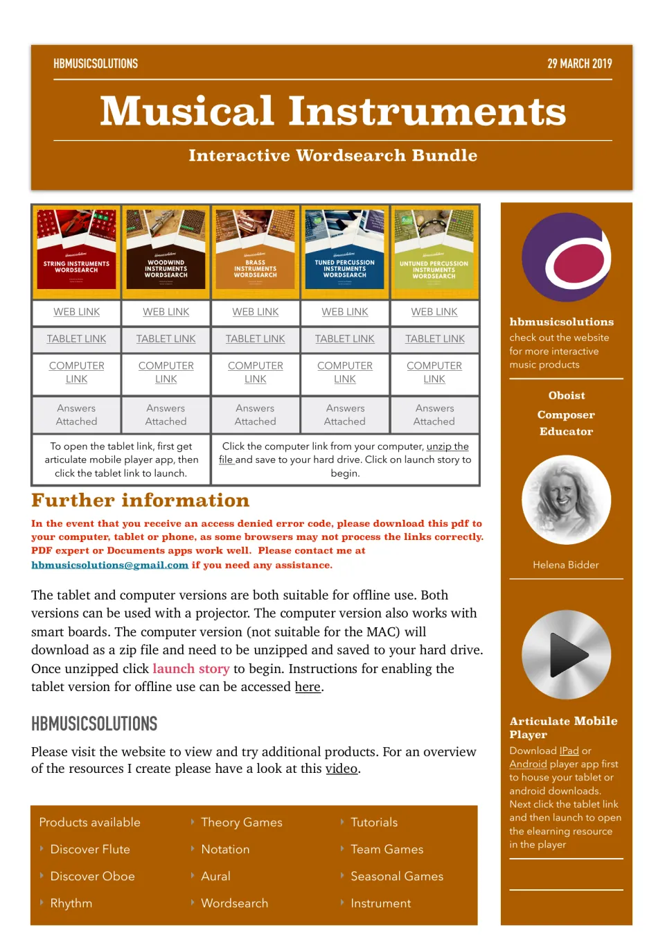 Musical instruments wordsearch launch page: web, tablet and computer links for strings, woodwind, brass and percussion