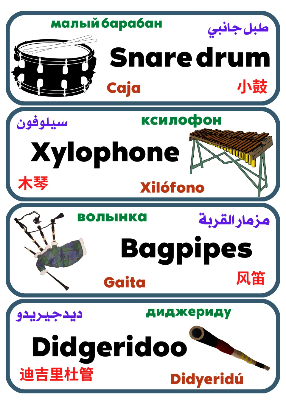 Snare drum, xylophone, bagpipes and didgeridoo cards with pictures, names in English, Russian, Arabic, Spanish, Chinese