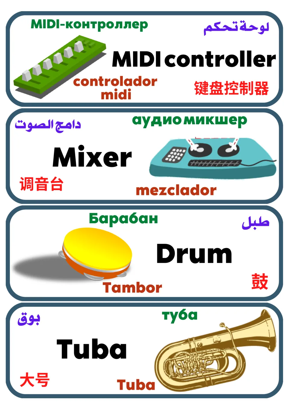 MIDI controller, mixer, drum and tuba cards showing each item with its name in English, Russian, Arabic, Spanish, Chinese