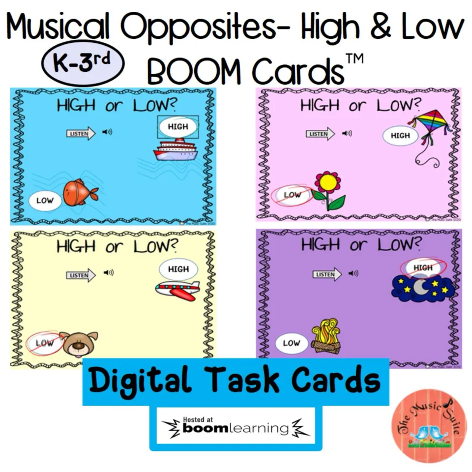 Cover of the high-and-low pitch Boom Cards for K–3, showing four sample listening cards labeled HIGH or LOW