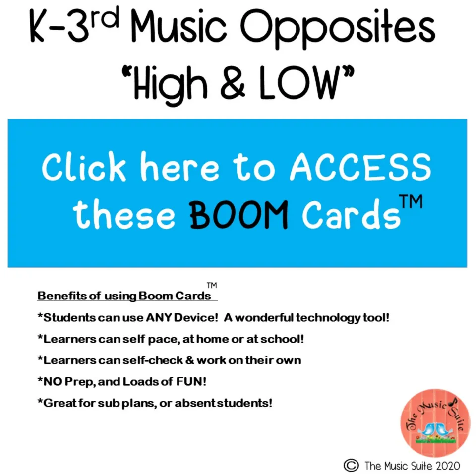 Access page for the high-and-low Boom Cards, with a clickable access prompt and notes on self-paced use