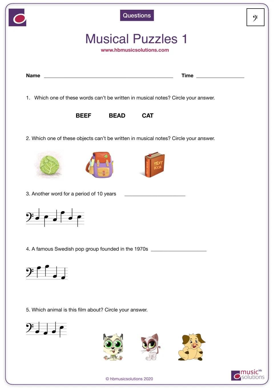 Bass clef note-name puzzles 1-5: students decode notes into words to answer clues on decades, a pop group and a film