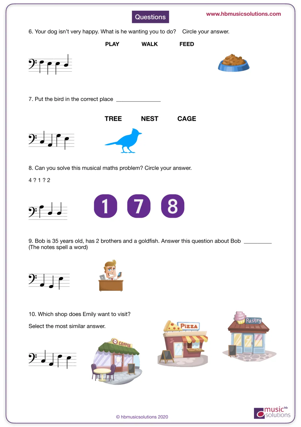 Bass clef puzzles 6-10: students spell words from notes to pick a dog's wish, a bird's home, a sum and Emily's shop