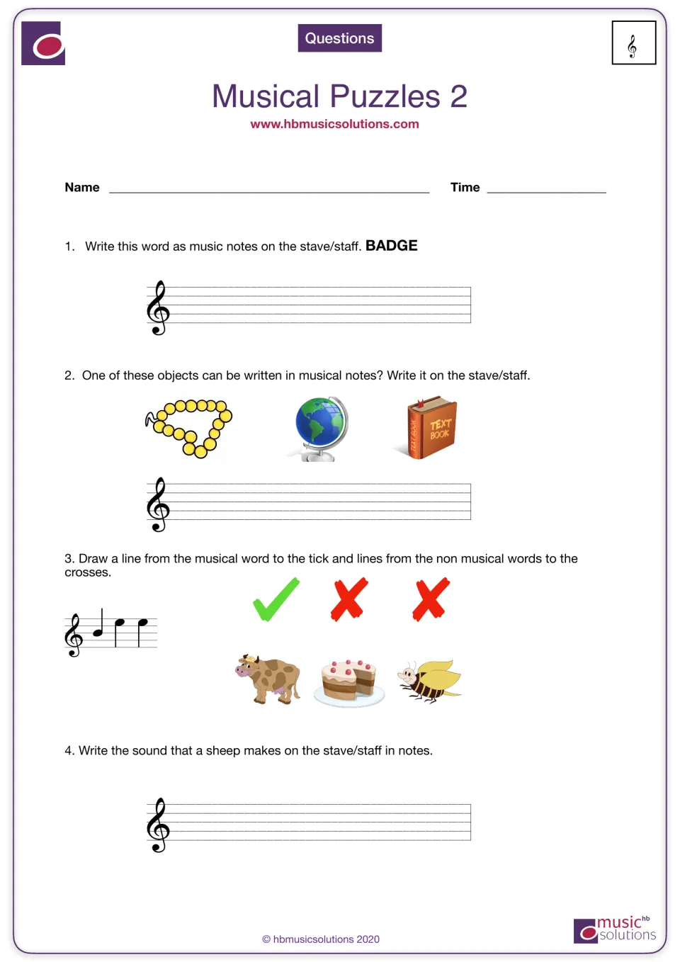Treble clef note-name puzzles 1-4: students write BADGE as notes, pick the musical object, sort musical words