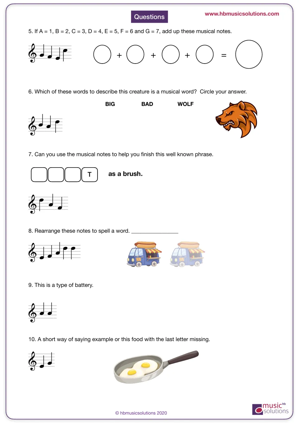 Note-reading puzzles 5-10: students add note values, decode treble clef notes into words and finish 'as a brush'