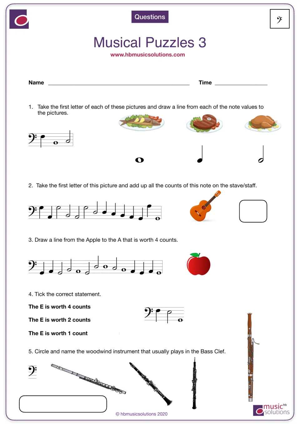 Bass clef note puzzles: students match note values to food pictures, add note counts and pick the bass clef woodwind