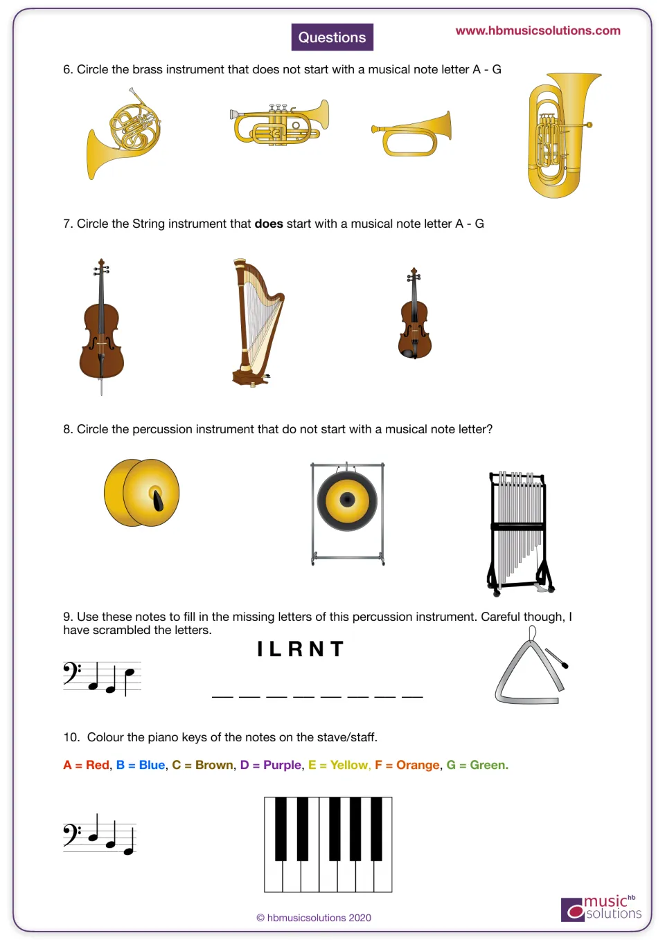 Instrument letter puzzles: students circle brass, string and percussion instruments, unscramble a name, colour piano keys