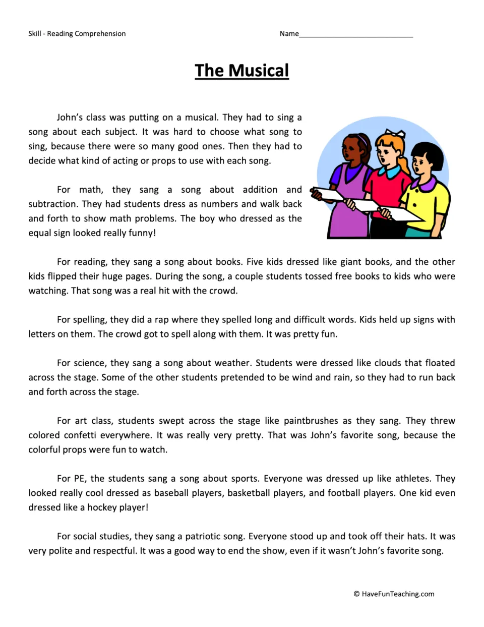 Reading passage about John's class musical, featuring subject songs from math through social studies.