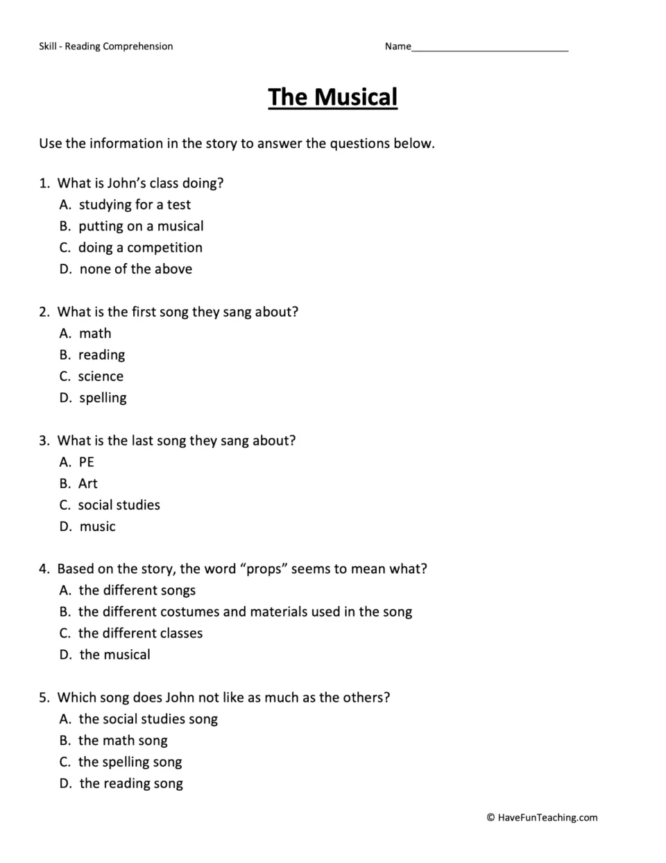 Five multiple-choice questions on the class musical, song order, the meaning of props, and John's preferences.