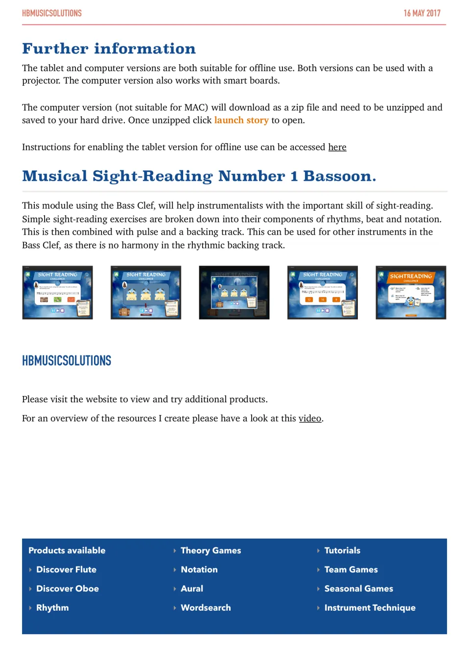 Bass clef sight-reading module overview: rhythm, beat and notation drills with a backing track, plus offline setup notes