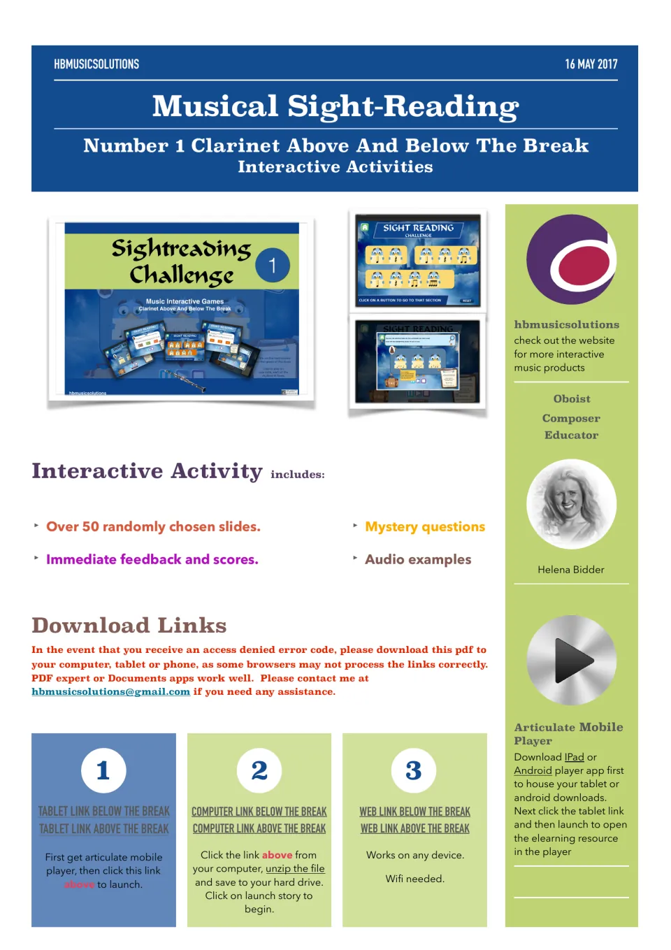 Clarinet sight-reading cover: game screenshots, 50+ slides with audio and scores, plus tablet, computer and web links