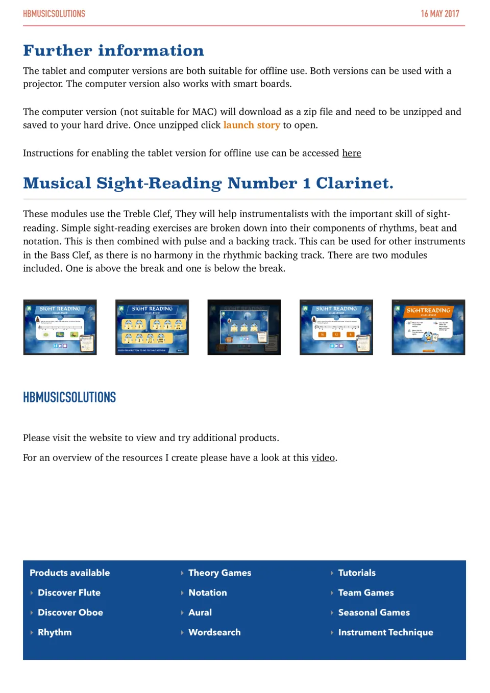 Setup notes and module overview: treble clef sight-reading broken into rhythm, beat and notation, above and below the break
