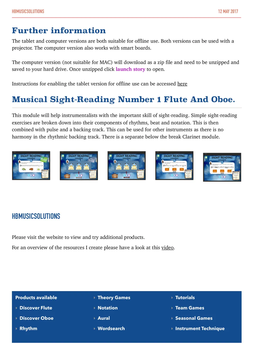 Setup notes for offline, projector and smart board use, plus sight-reading module overview: rhythm, beat, notation, pulse