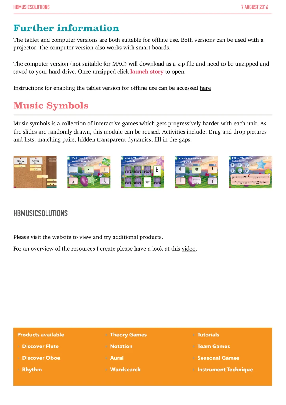 Setup notes for offline, projector and smart board use, with screenshots of matching and fill-in-the-gaps symbol games