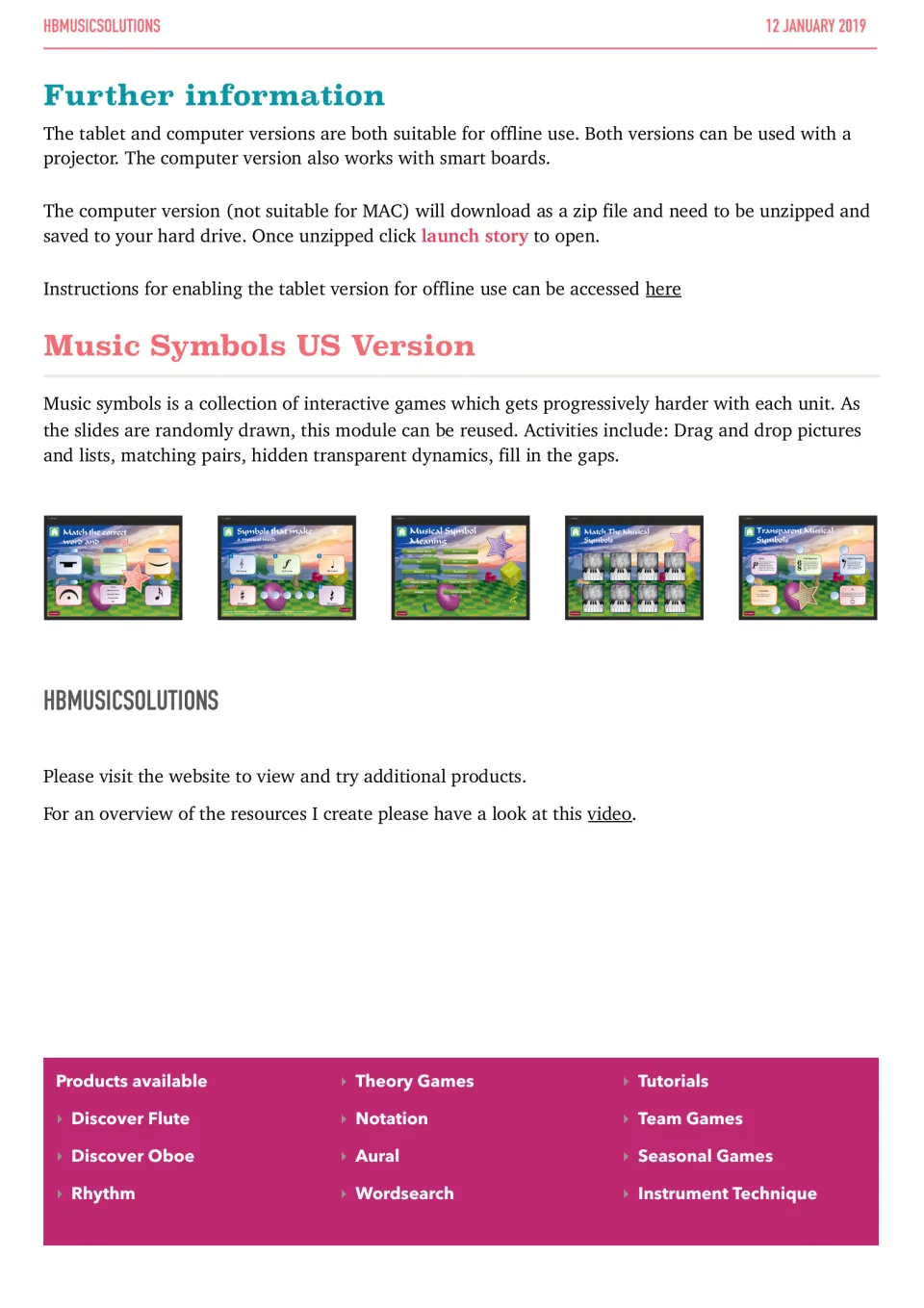 Setup notes for offline, projector and smart board use, with five game screenshots such as Match the Musical Symbols