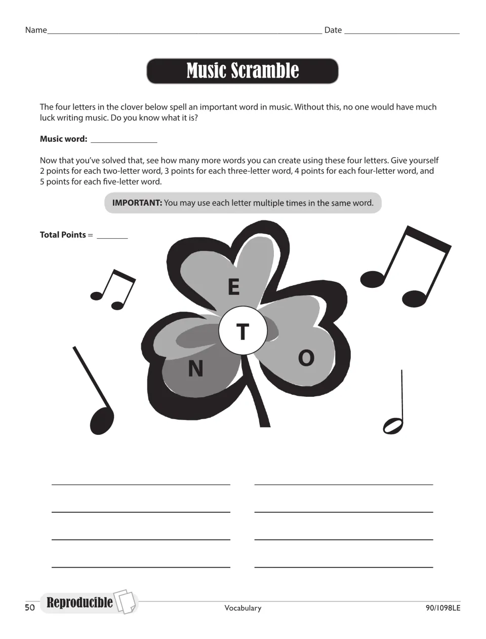 Music Scramble: students unscramble E, T, N and O in a clover to find a music word, then score points for other words made