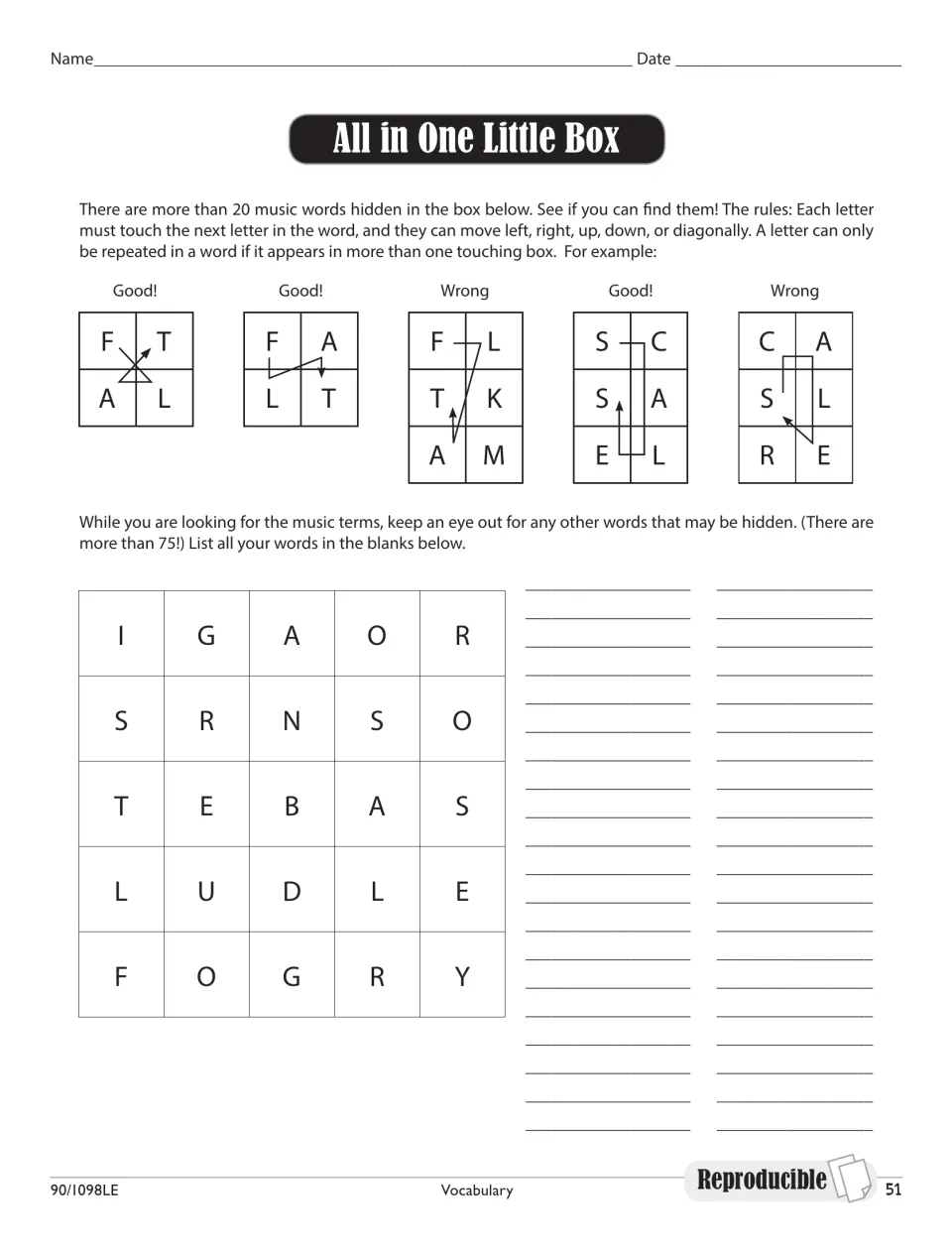 All in One Little Box: students trace touching letters in a 5x5 letter square to find 20+ music words and list them