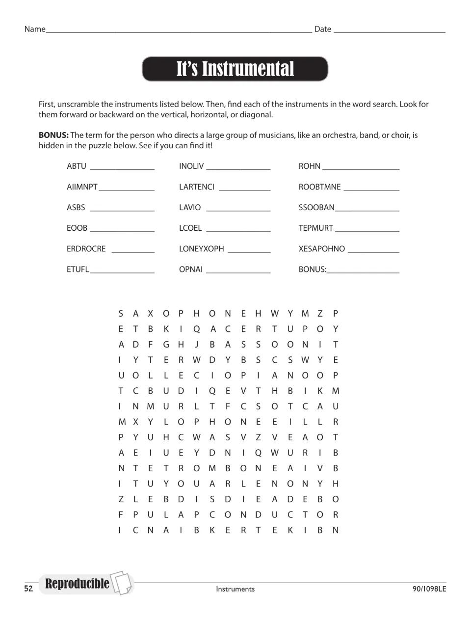 It's Instrumental: students unscramble 17 instrument names such as ABTU, then find them in a word search with a bonus term