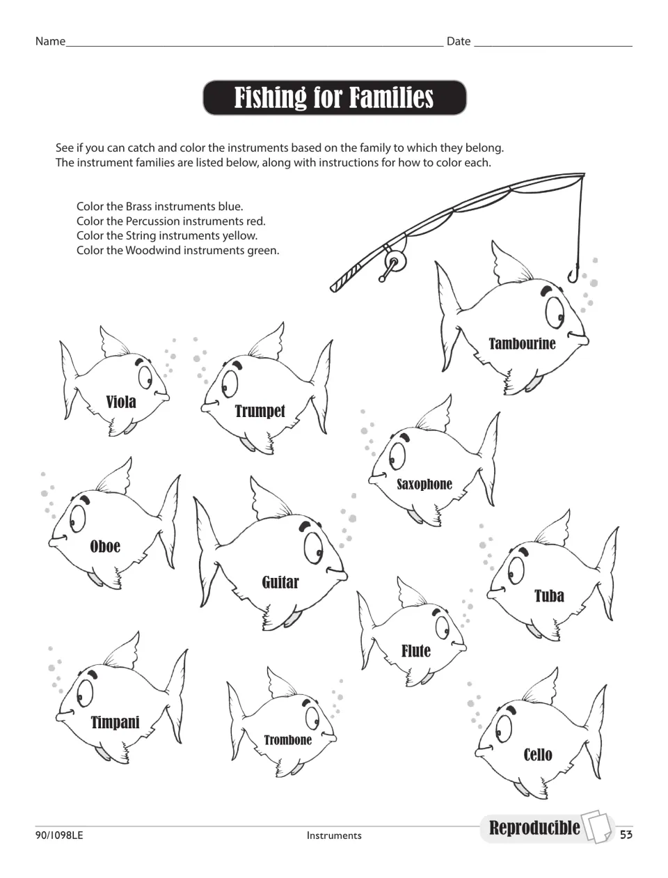 Fishing for Families: color each instrument fish by family: brass blue, percussion red, strings yellow, woodwinds green