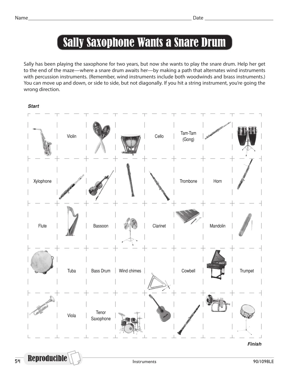 Sally Saxophone Wants a Snare Drum: a maze where students alternate wind and percussion instruments and avoid strings