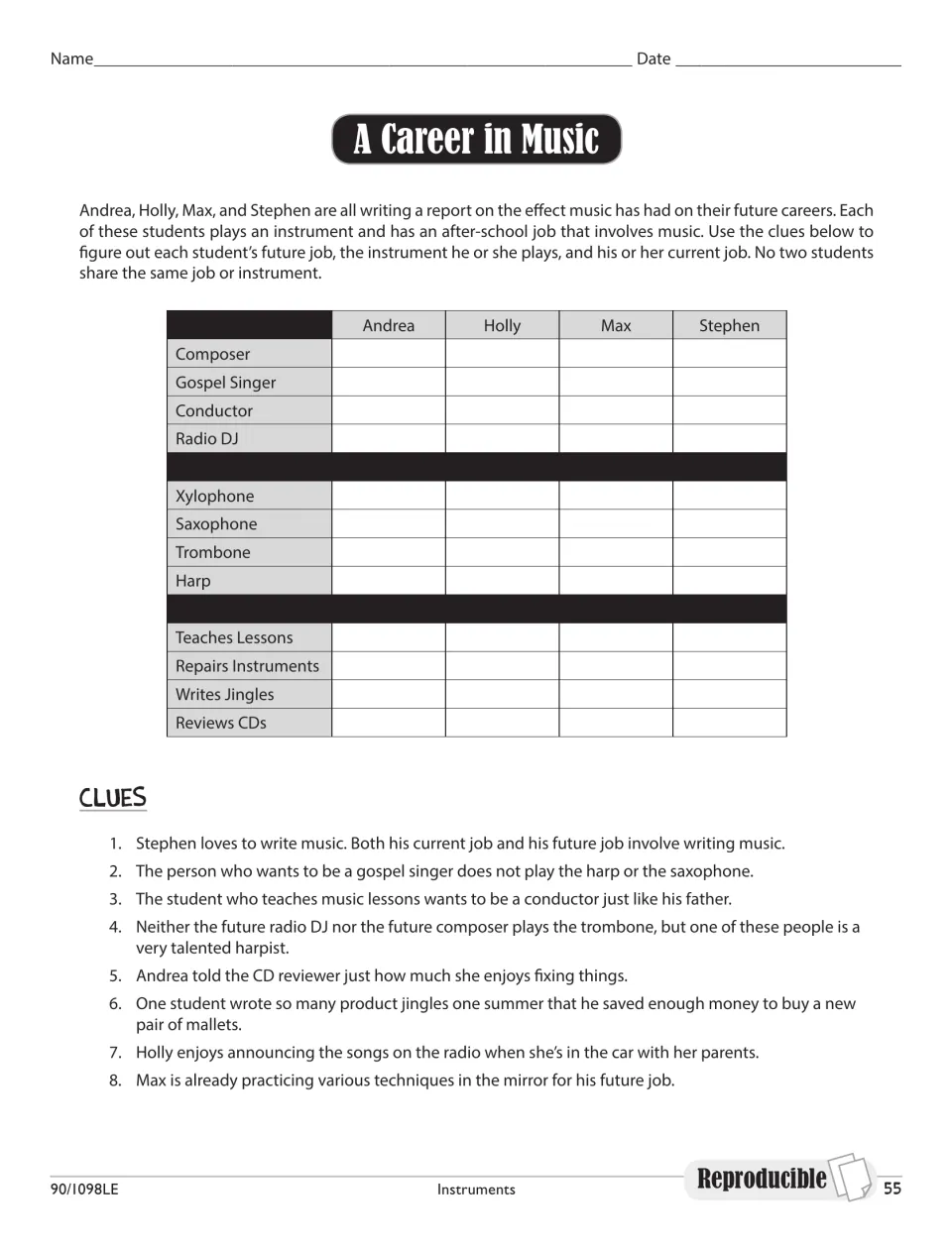 A Career in Music logic puzzle: students use 8 clues to match four students to a future job, instrument and current job
