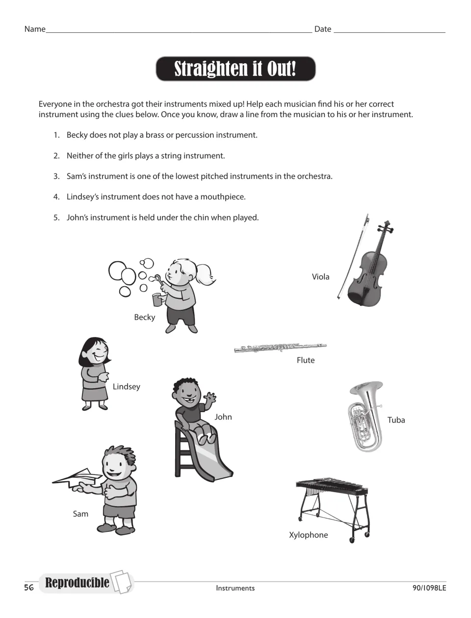 Straighten it Out!: students read 5 clues and draw lines matching four children to viola, flute, tuba or xylophone