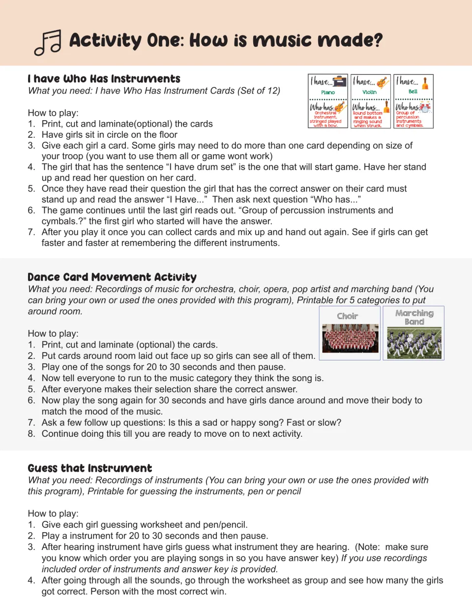 Activity One, How is music made?: leader steps for I Have Who Has cards, a dance card game and Guess that Instrument
