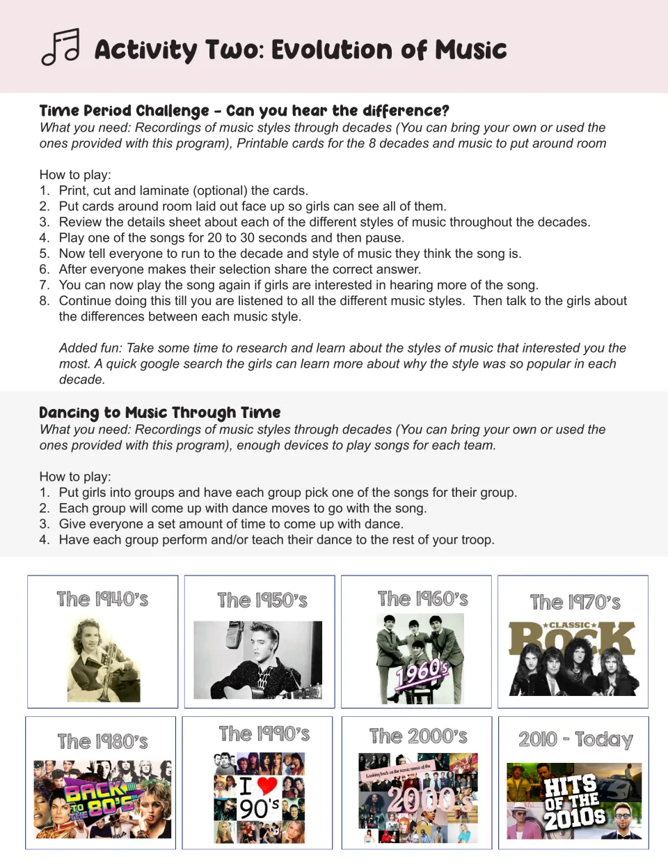 Activity Two, Evolution of Music: decade guessing game and group dance steps, with cards from the 1940s to 2010-today