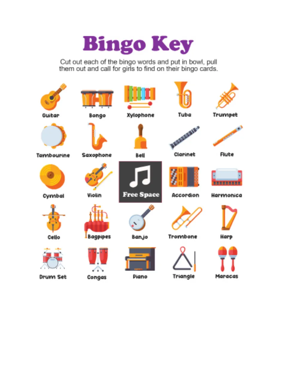 Bingo Key: 24 instrument pictures, from tambourine to bagpipes, to cut out and draw from a bowl when calling bingo