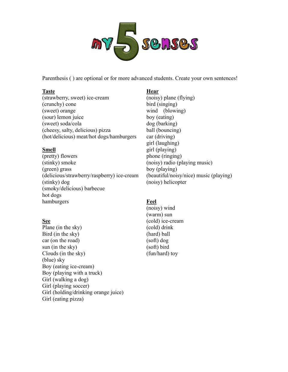 Five senses word list: things to taste, smell, see, hear and feel, with optional describing words for building sentences