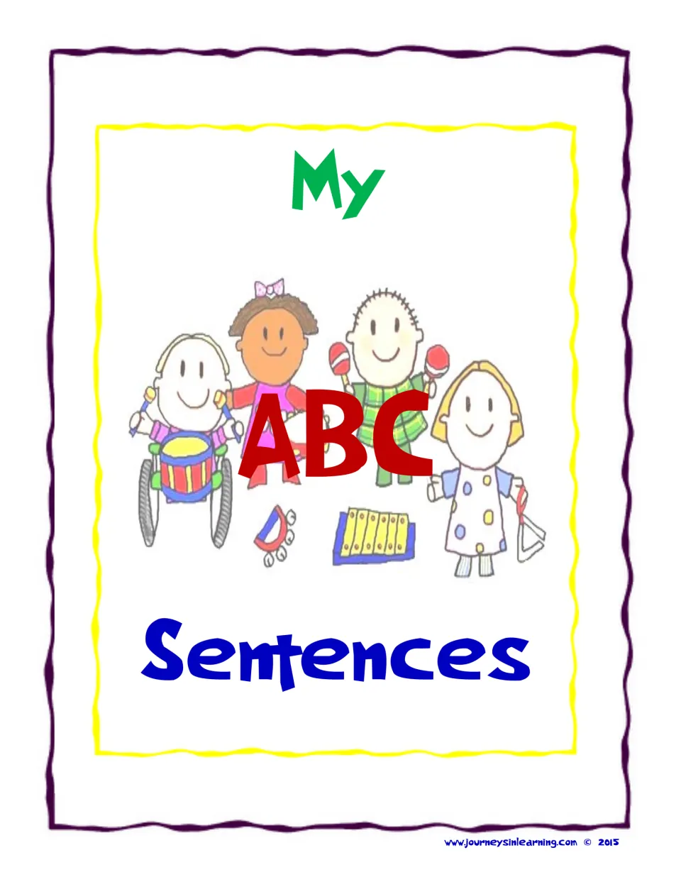 My ABC Sentences cover: children playing a drum, maracas, xylophone and triangle under the red ABC title