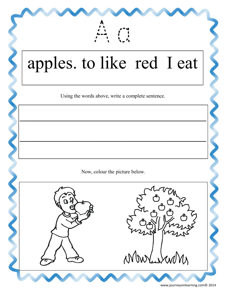 Letter Aa unscrambling: trace Aa, order 'apples. to like red I eat' into a sentence and colour a boy eating an apple