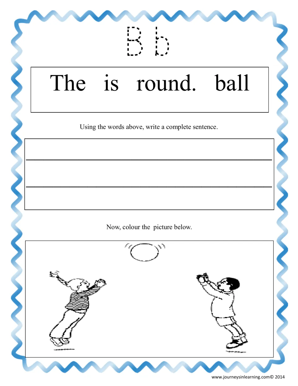 Letter Bb unscrambling: trace Bb, order 'The is round. ball' into a sentence and colour two children tossing a ball