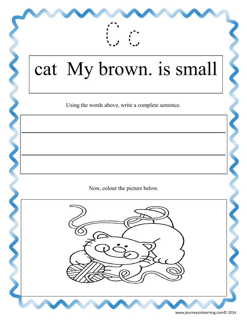 Letter Cc unscrambling: trace Cc, order 'cat My brown. is small' into a sentence and colour a cat with yarn