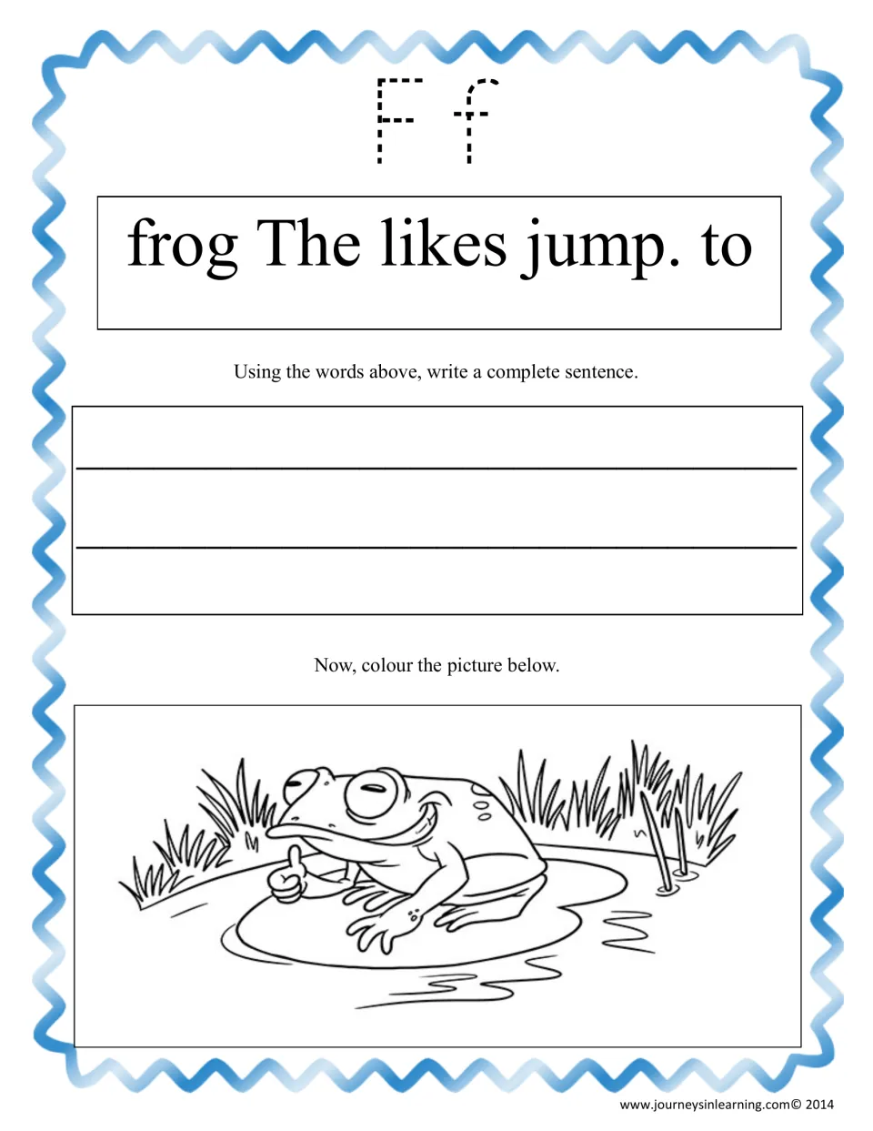 Letter Ff unscrambling: trace Ff, order 'frog The likes jump. to' into a sentence and colour a frog on a lily pad