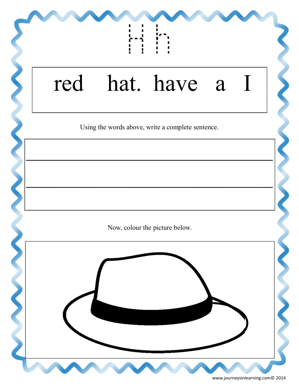Letter Hh unscrambling: trace Hh, order 'red hat. have a I' into a sentence and colour a brimmed hat