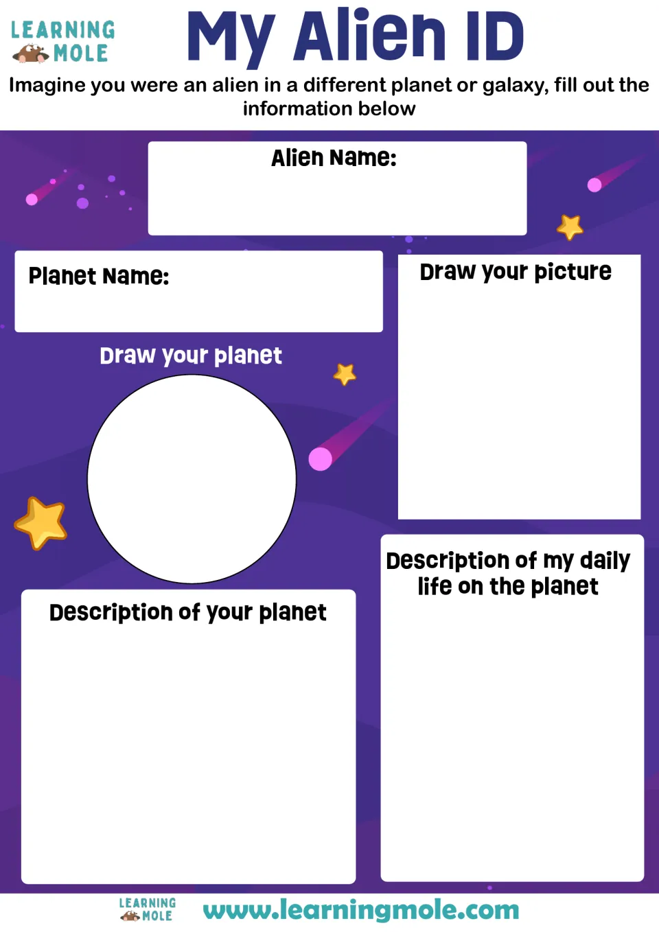 Alien ID: students imagine life as an alien, name themselves and a planet, draw both and describe the planet and daily life