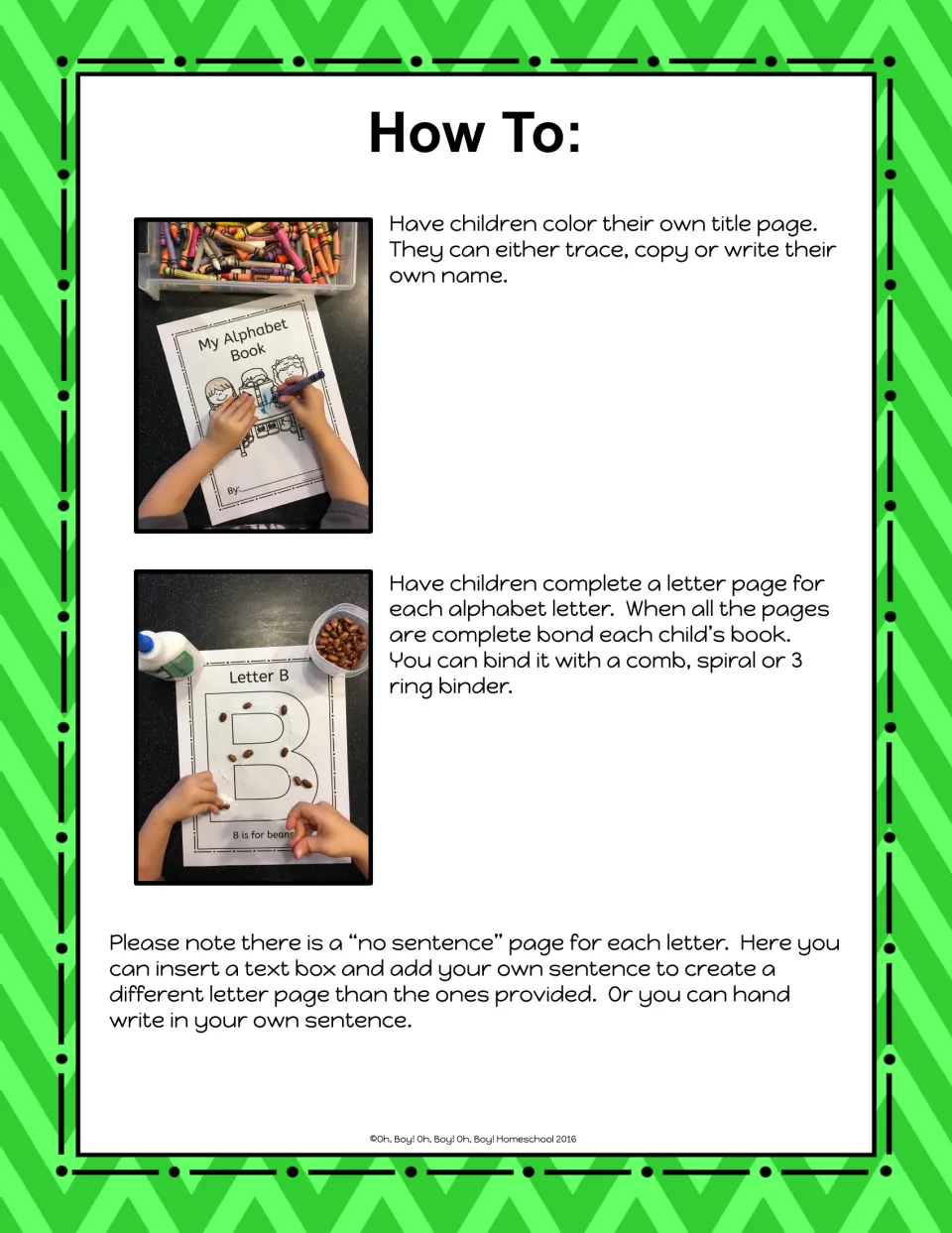 How To steps: children color a title page, glue items like beans onto each letter page, then bind the finished book