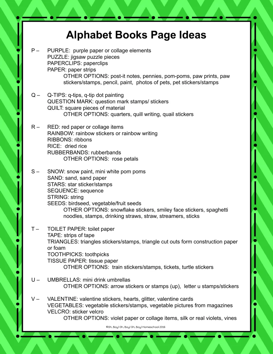 Page ideas for letters P to V: fill-in materials such as puzzle pieces, Q-tips, dried rice, sand, toothpicks and velcro